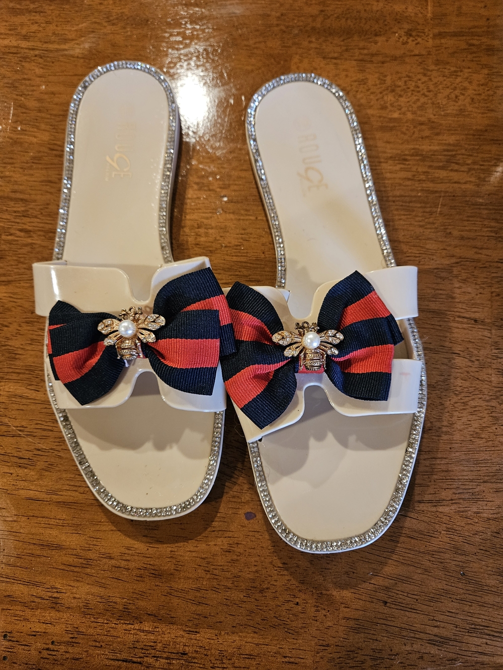 Rouge! White Slide Sandals with Navy & Red Bow and Bee Jewel